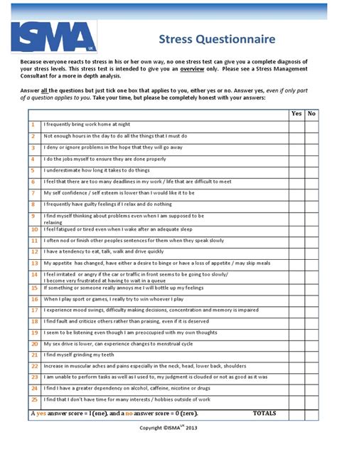 Download the PDF Instructions Mark down the point value of each of these life events that has happened to you during the previous year. . Standard stress scale questionnaire pdf